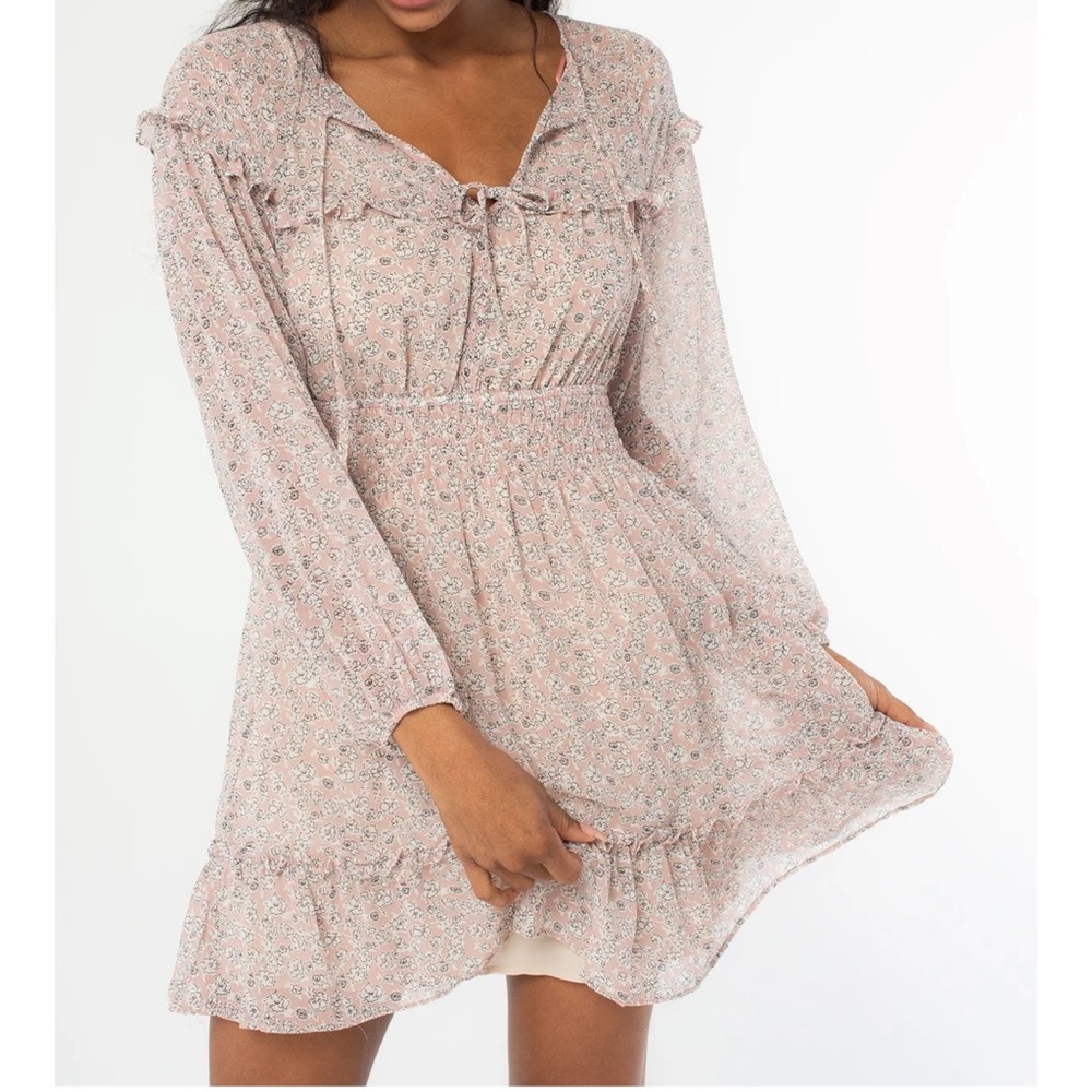 Lovestitch Floral Pink/Beige Ruffle Lined Mini Dress Size Small